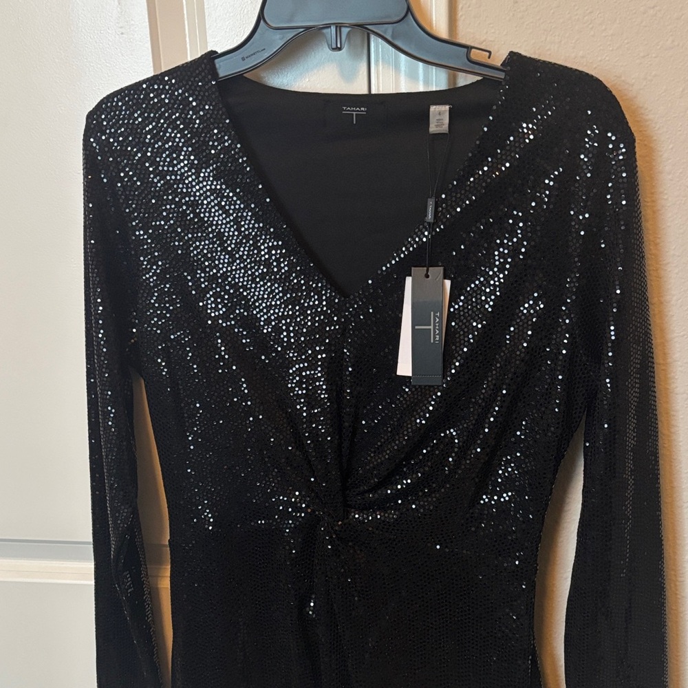 Tahari Black Sequin Long Sleeve prom fancy sexy slinky Dress NWT formal